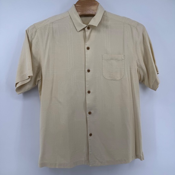 Tommy Bahama Button Down Mens L Beige 100% Silk Geometric Jacquard Short Sleeve - Picture 2 of 8